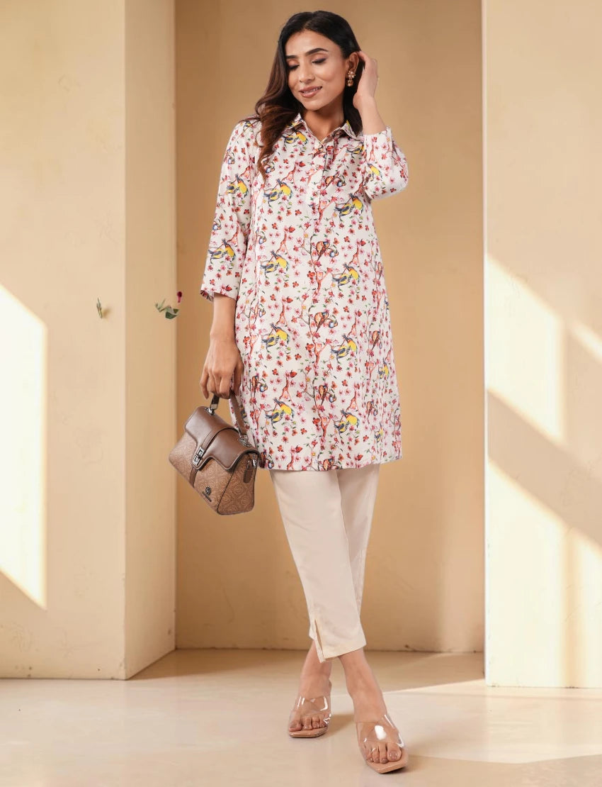 Women Cotton Blend Salwar Suit, Floral Print Tunic with Pants