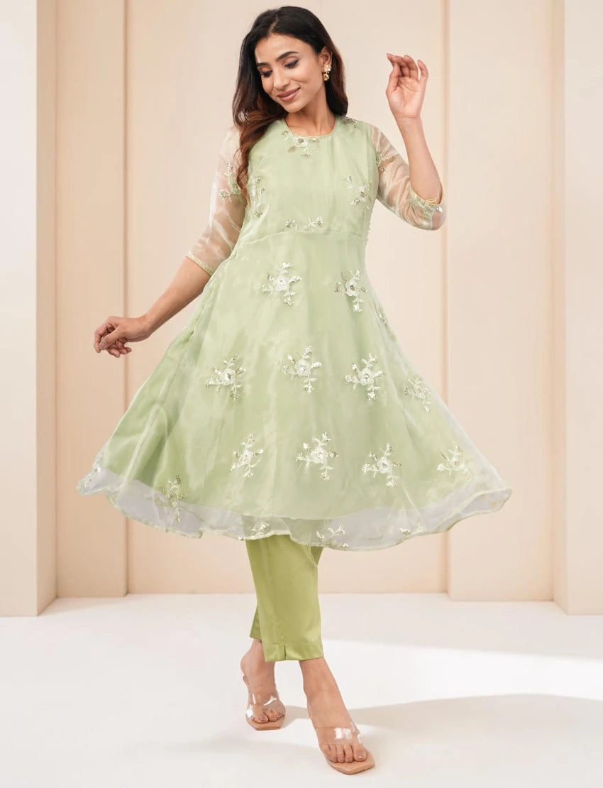 Women Light Green Embroidered Anarkali Kurta with Pants