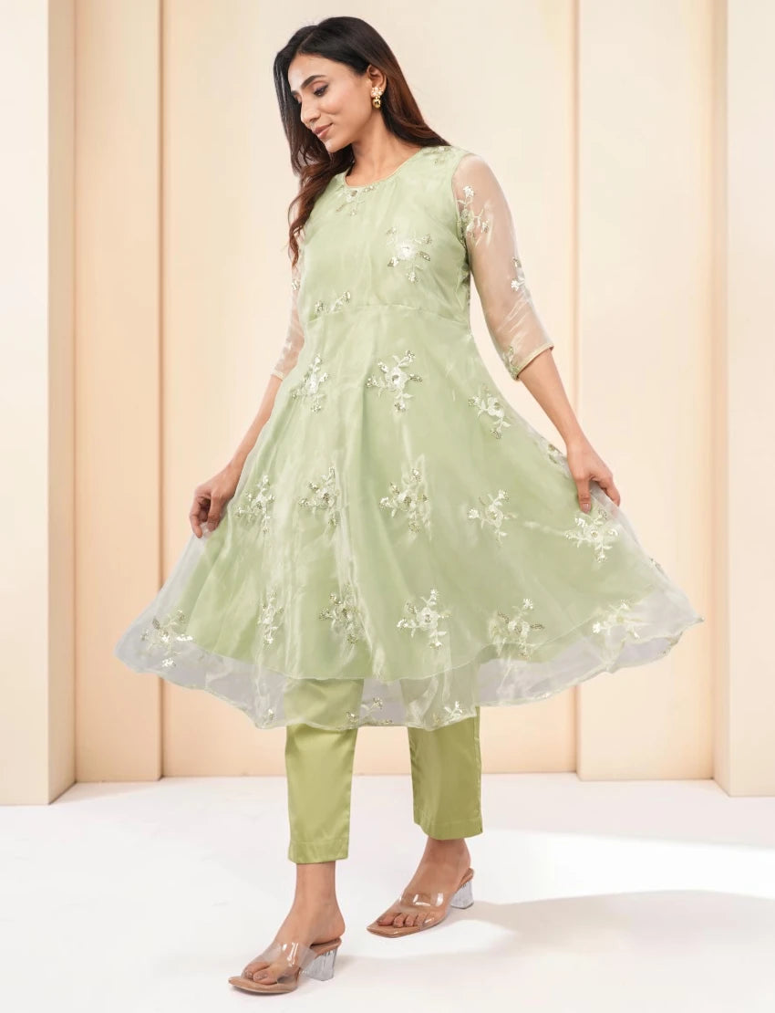 Women Light Green Embroidered Anarkali Kurta with Pants