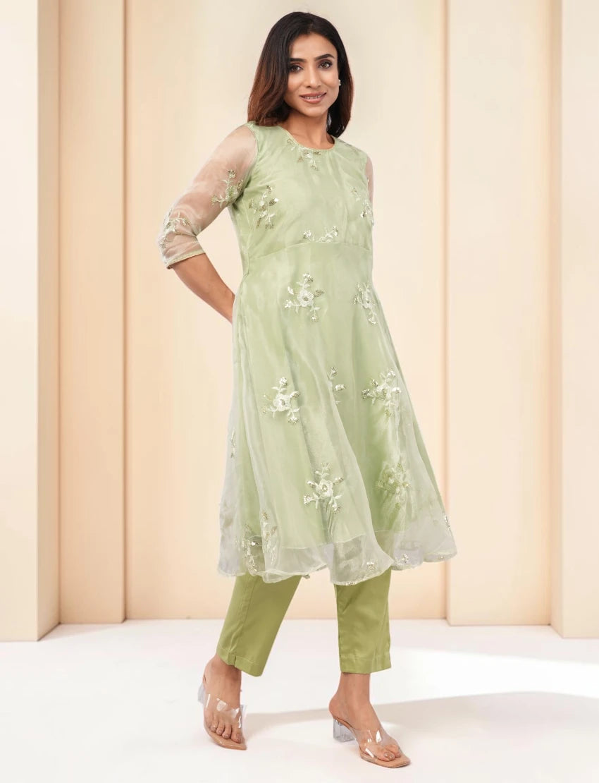 Women Light Green Embroidered Anarkali Kurta with Pants