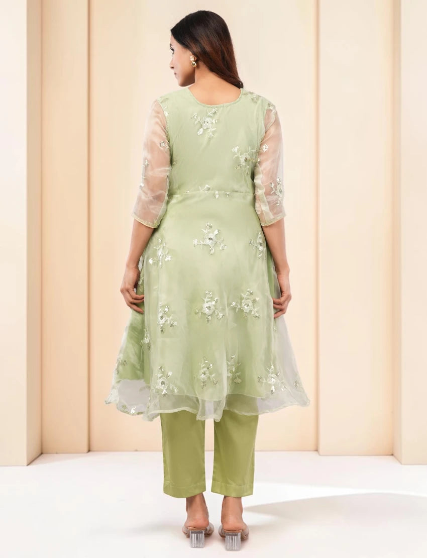 Women Light Green Embroidered Anarkali Kurta with Pants