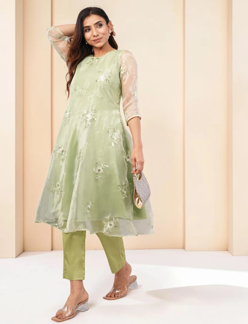 Women Light Green Embroidered Anarkali Kurta with Pants