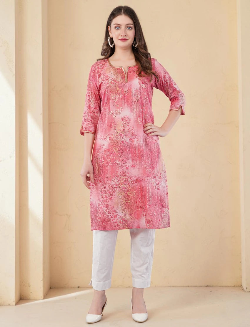 Floral Print Pink Kurta, 3/4 Sleeves, Knee Length
