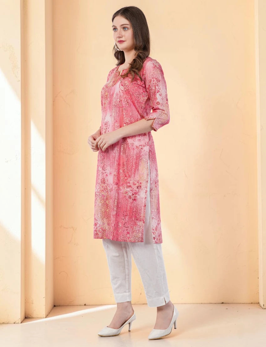 Floral Print Pink Kurta, 3/4 Sleeves, Knee Length