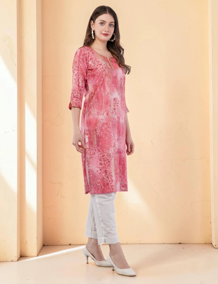 Floral Print Pink Kurta, 3/4 Sleeves, Knee Length