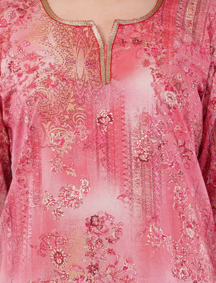 Floral Print Pink Kurta, 3/4 Sleeves, Knee Length