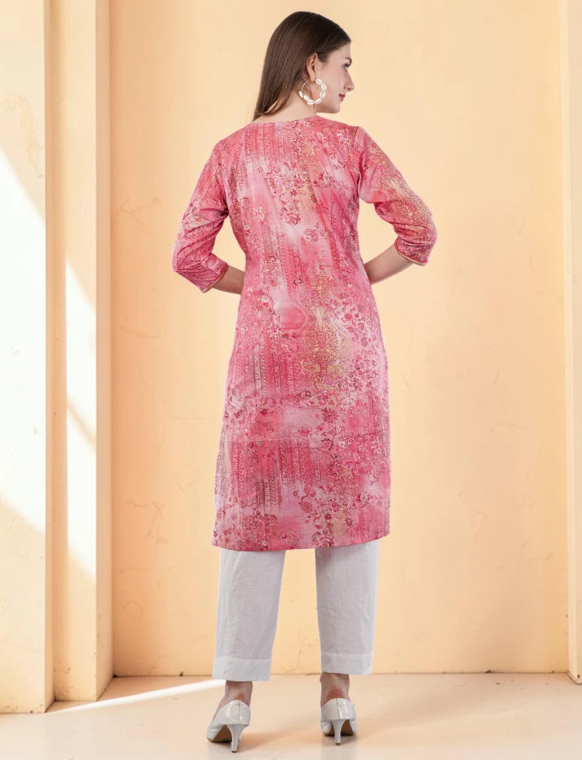 Floral Print Pink Kurta, 3/4 Sleeves, Knee Length