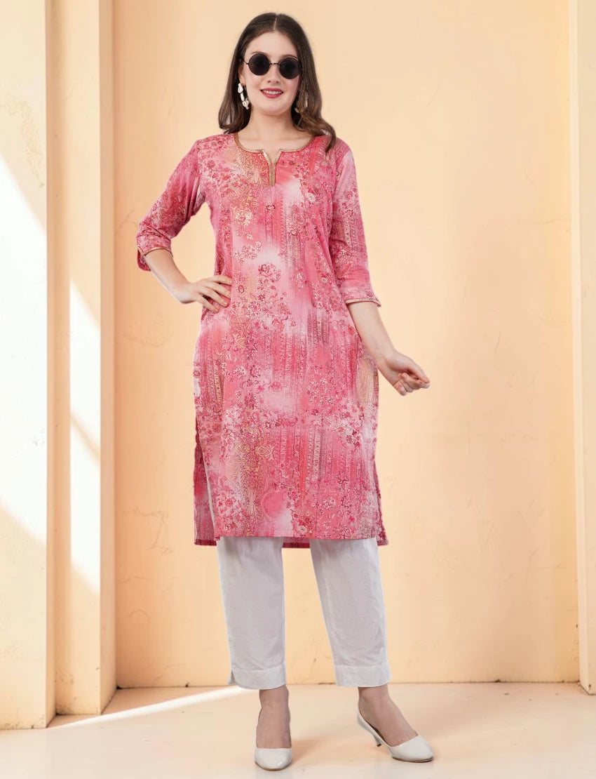 Floral Print Pink Kurta, 3/4 Sleeves, Knee Length