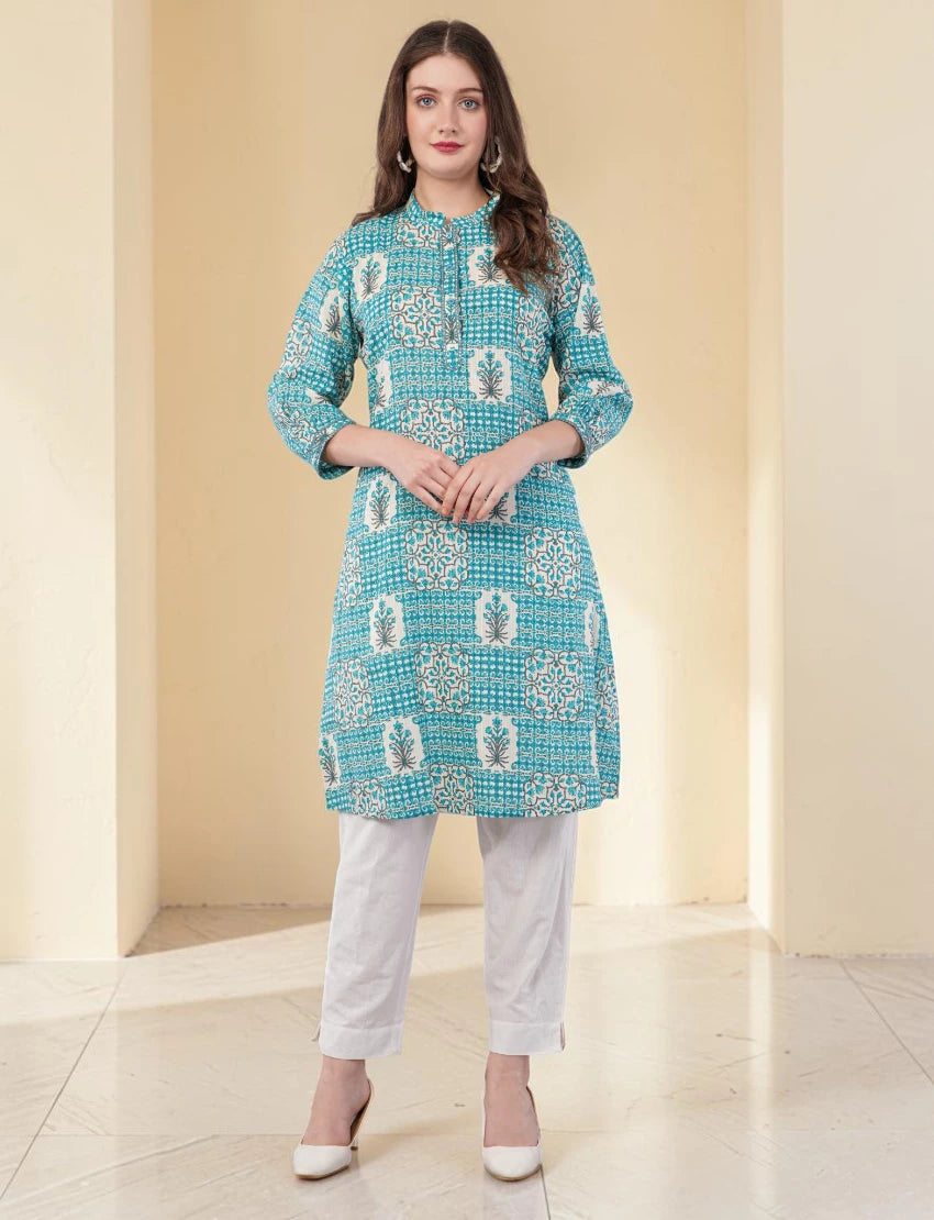 Printed Cotton Kurta for Women, Turquoise Blue
