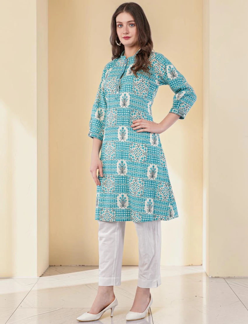 Printed Cotton Kurta for Women, Turquoise Blue