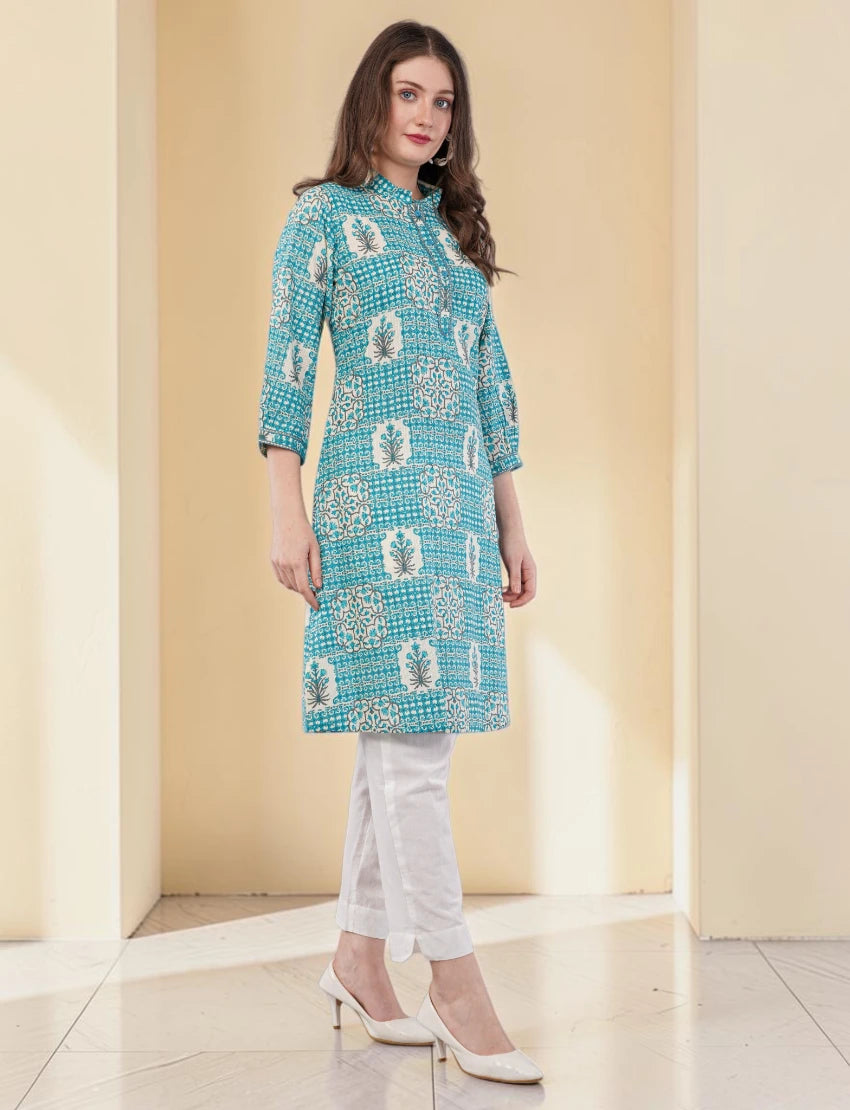 Printed Cotton Kurta for Women, Turquoise Blue