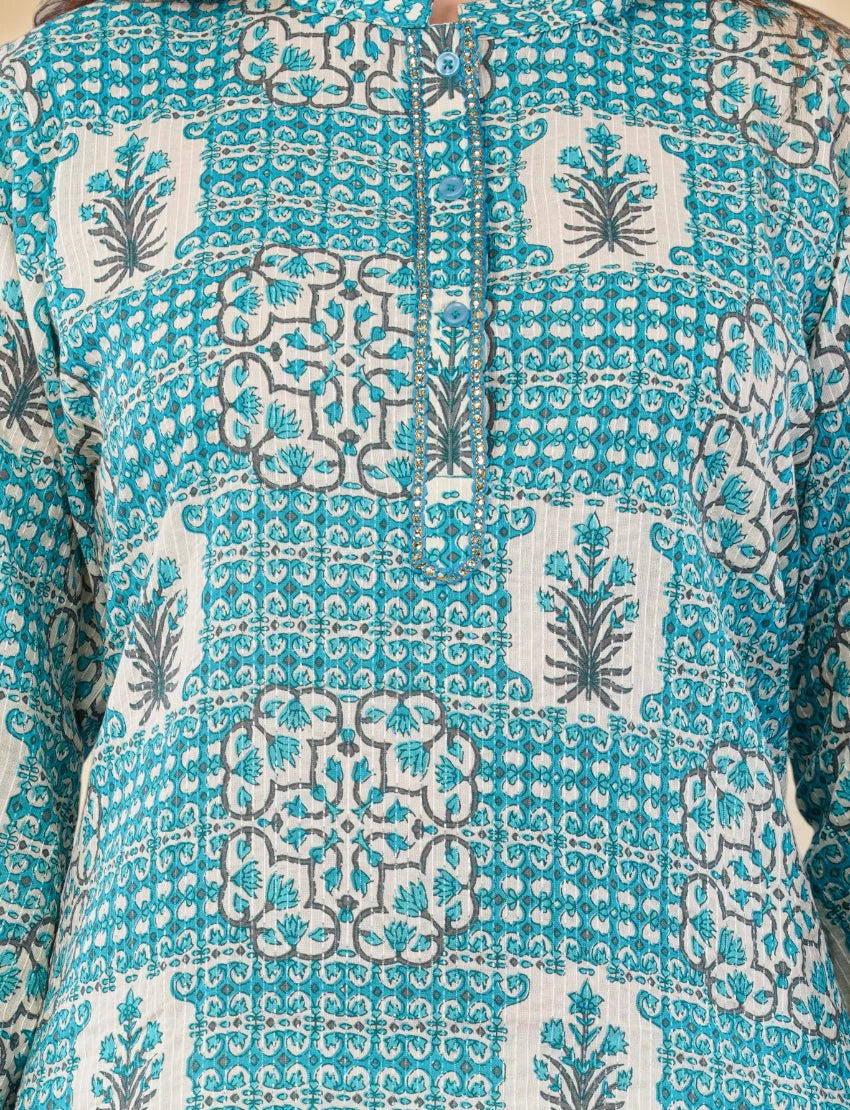 Printed Cotton Kurta for Women, Turquoise Blue
