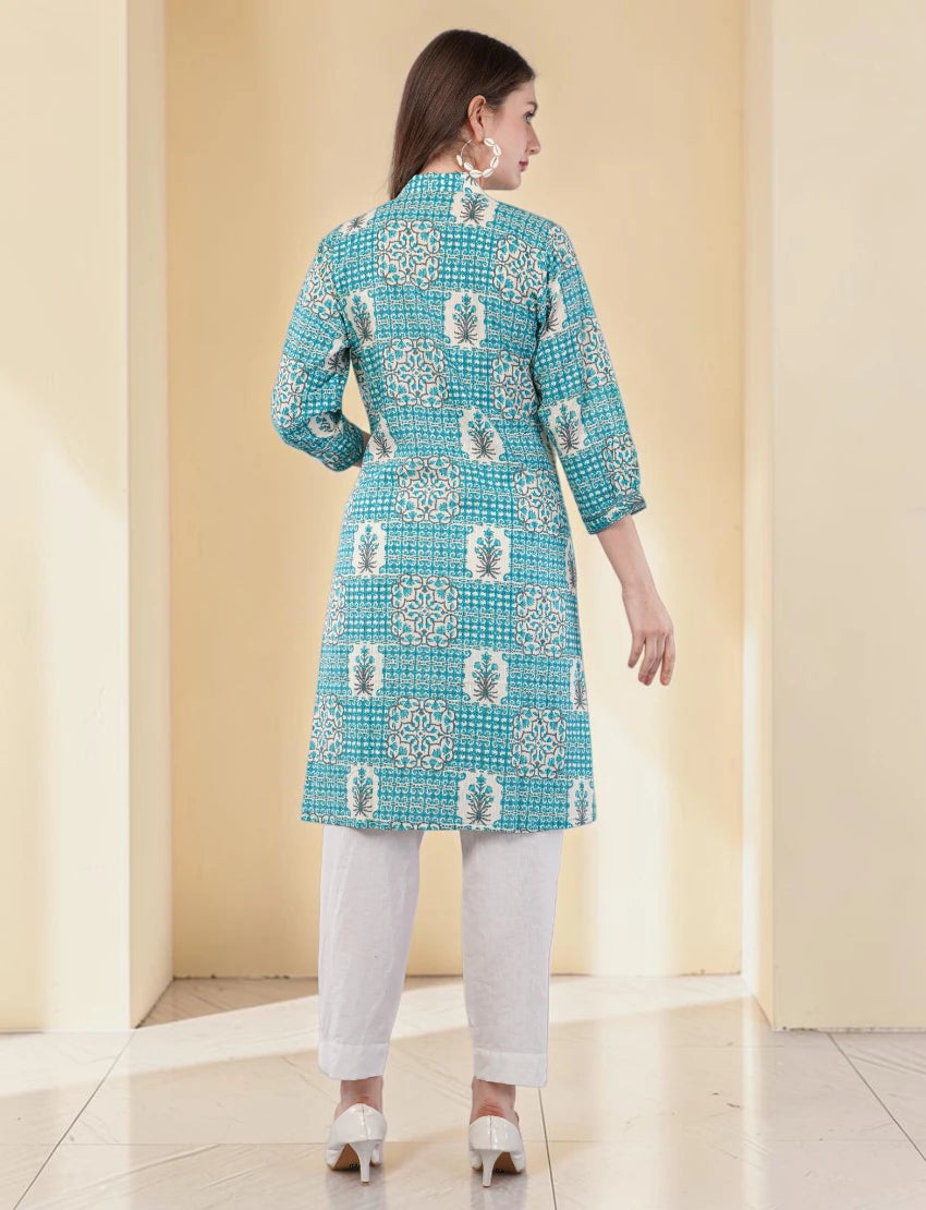 Printed Cotton Kurta for Women, Turquoise Blue