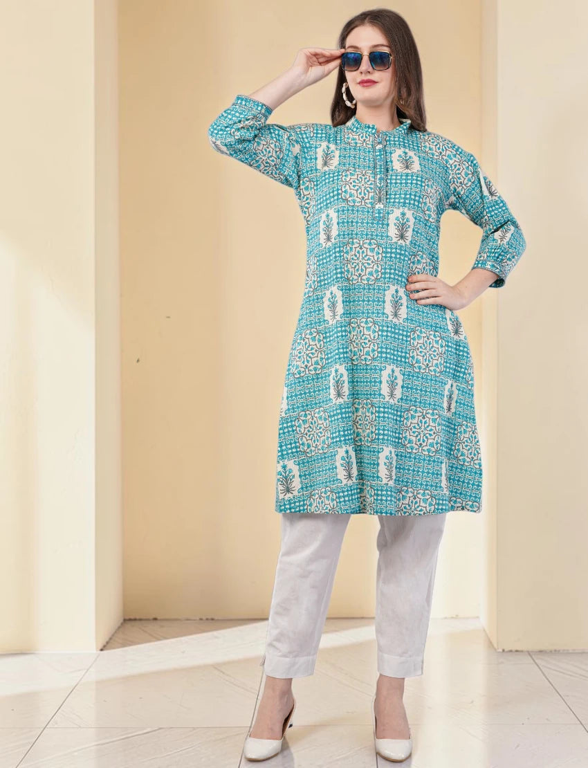 Printed Cotton Kurta for Women, Turquoise Blue