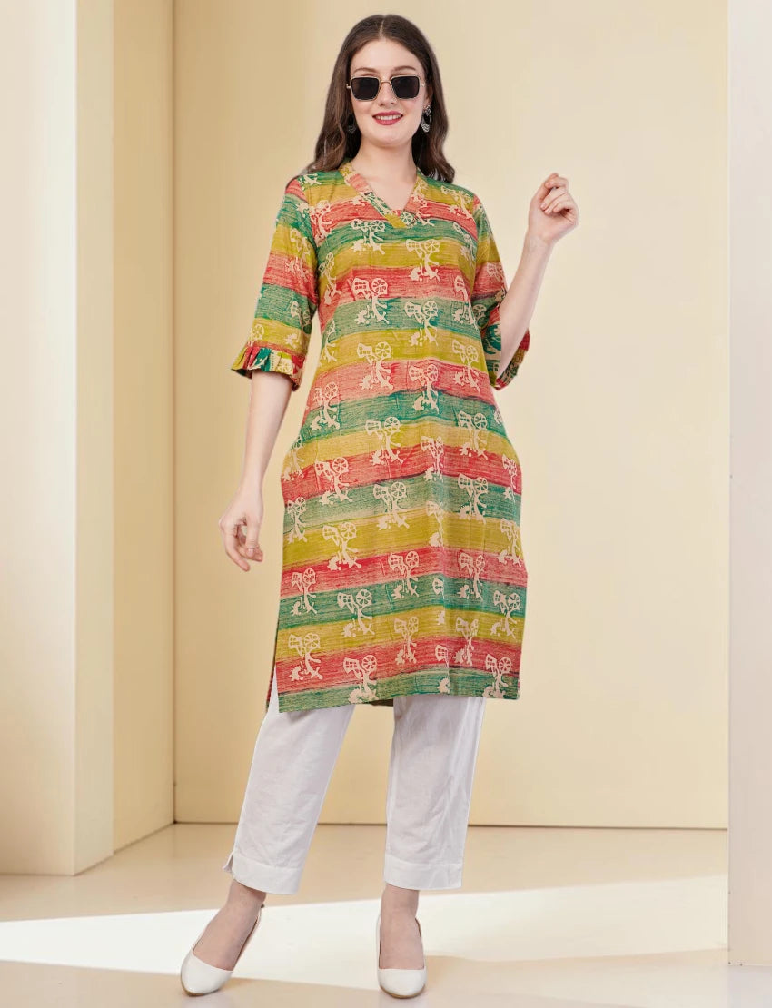 Printed Cotton Kurta for Women, Multi-Coloured