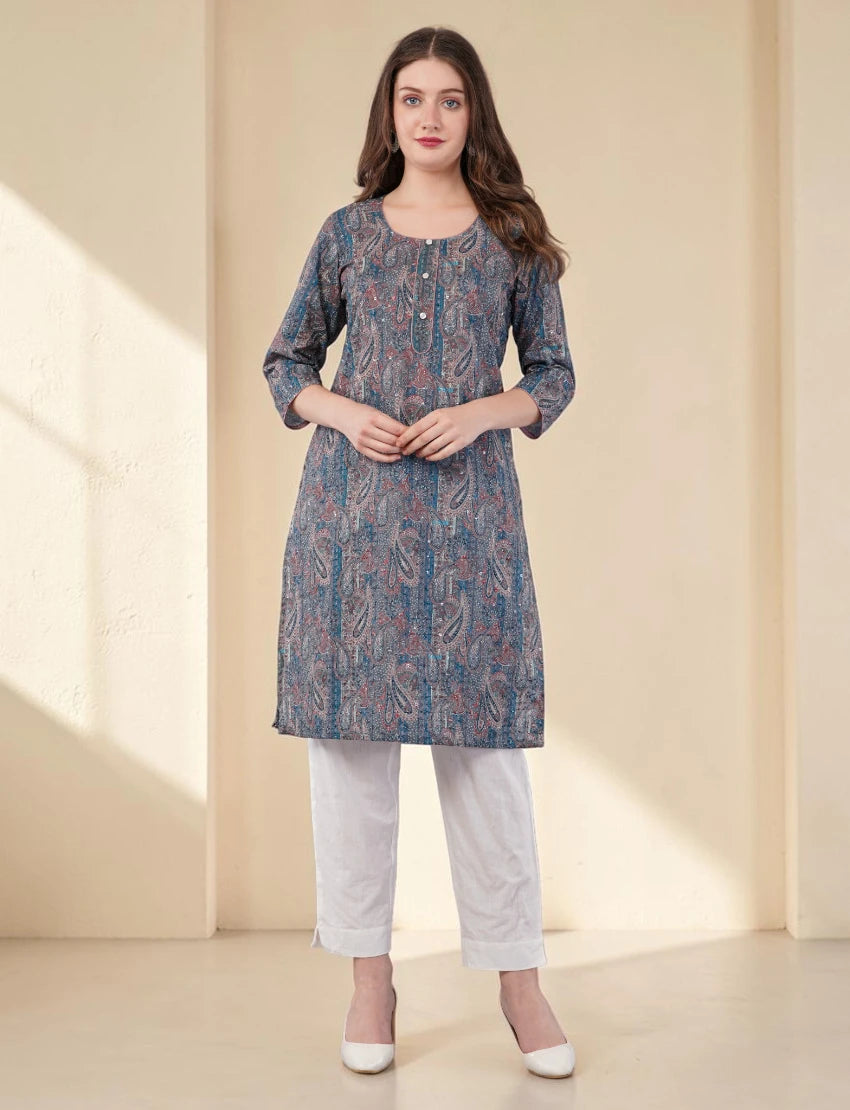 Women's Printed Cotton Kurta, Blue and Pink Paisley Pattern