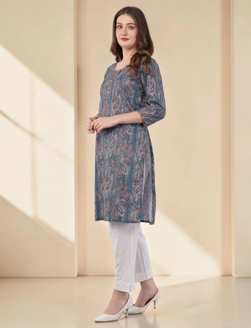 Women's Printed Cotton Kurta, Blue and Pink Paisley Pattern