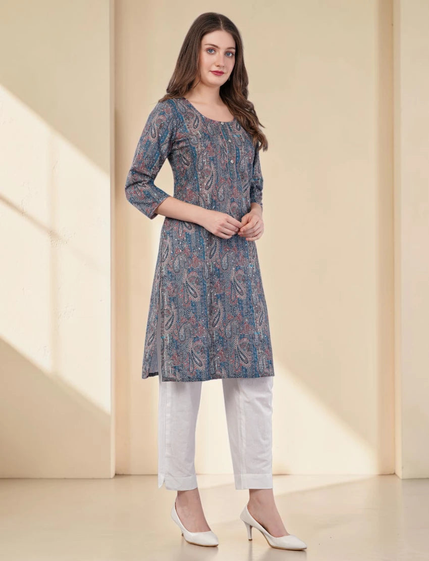 Women's Printed Cotton Kurta, Blue and Pink Paisley Pattern