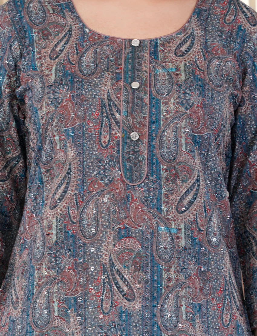 Women's Printed Cotton Kurta, Blue and Pink Paisley Pattern