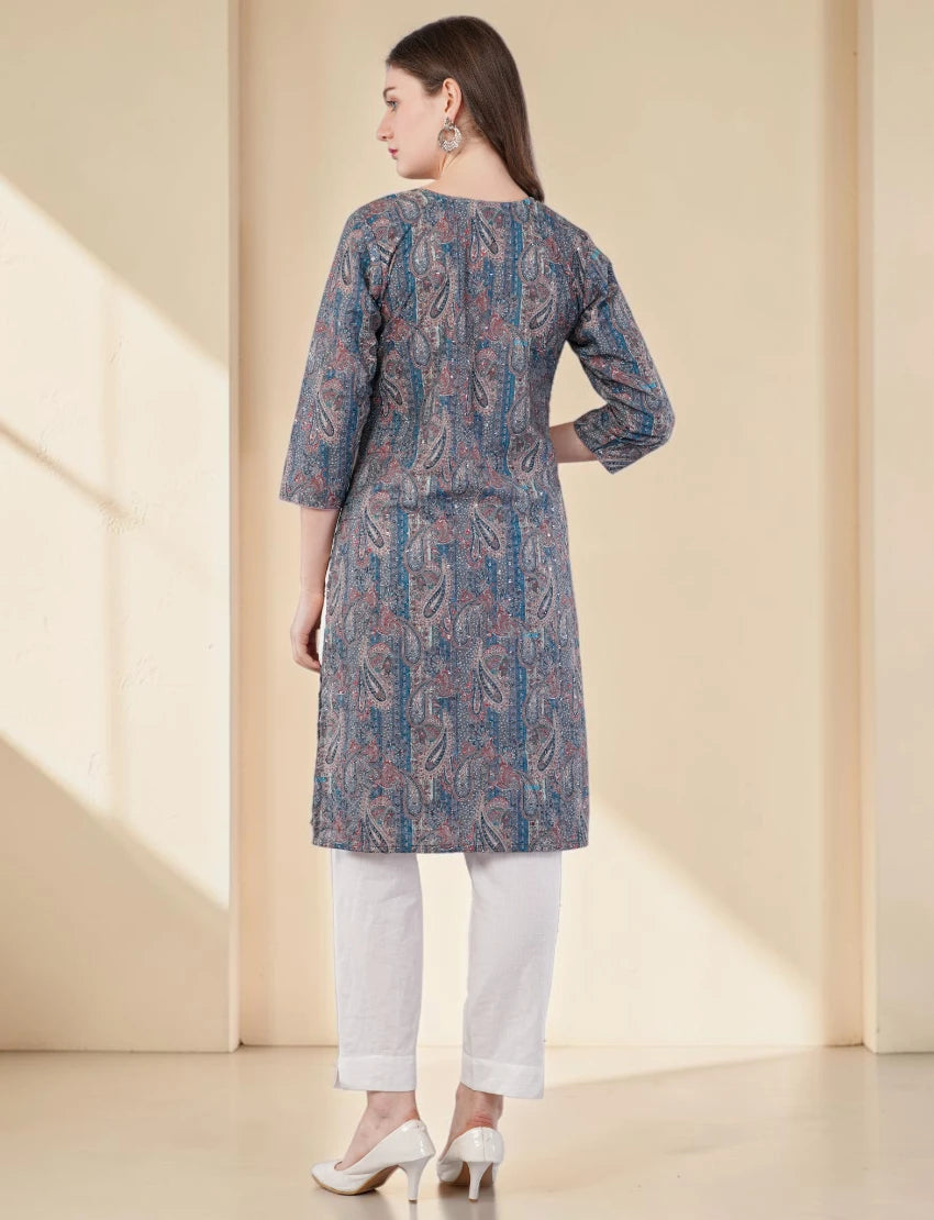Women's Printed Cotton Kurta, Blue and Pink Paisley Pattern