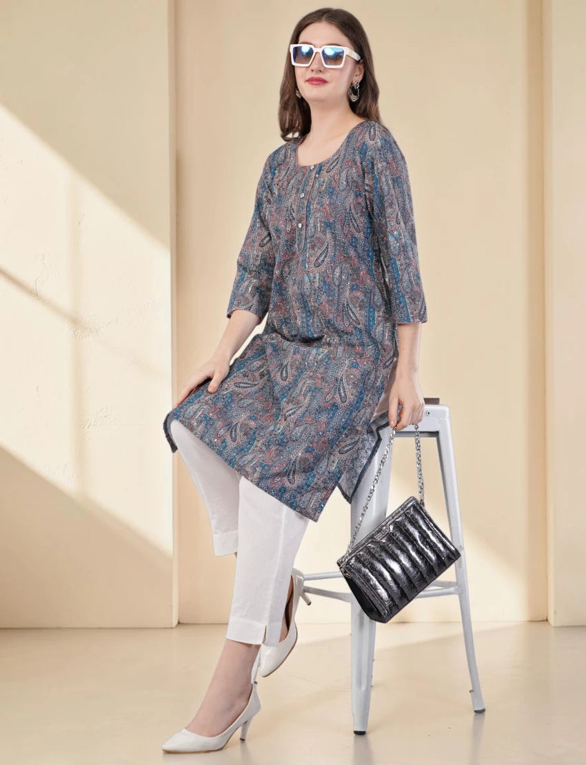Women's Printed Cotton Kurta, Blue and Pink Paisley Pattern