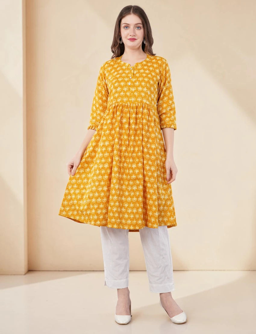 Anarkali Printed Yellow Cotton Kurta / kurti for Women, Knee Length