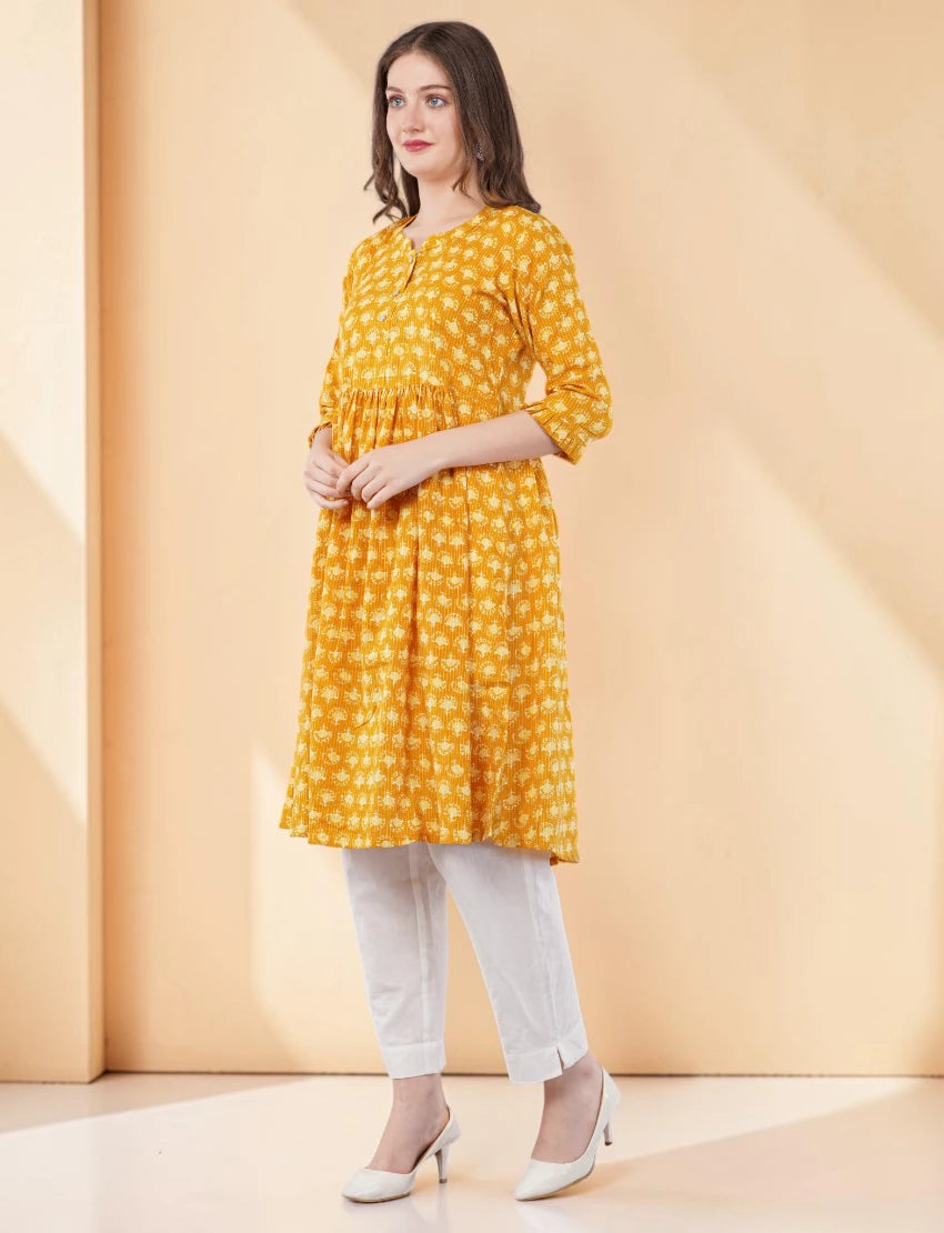Anarkali Printed Yellow Cotton Kurta / kurti for Women, Knee Length