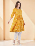 Anarkali Printed Yellow Cotton Kurta / kurti for Women, Knee Length