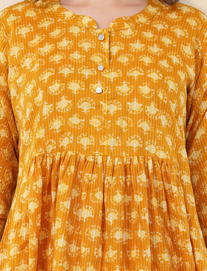 Anarkali Printed Yellow Cotton Kurta / kurti for Women, Knee Length