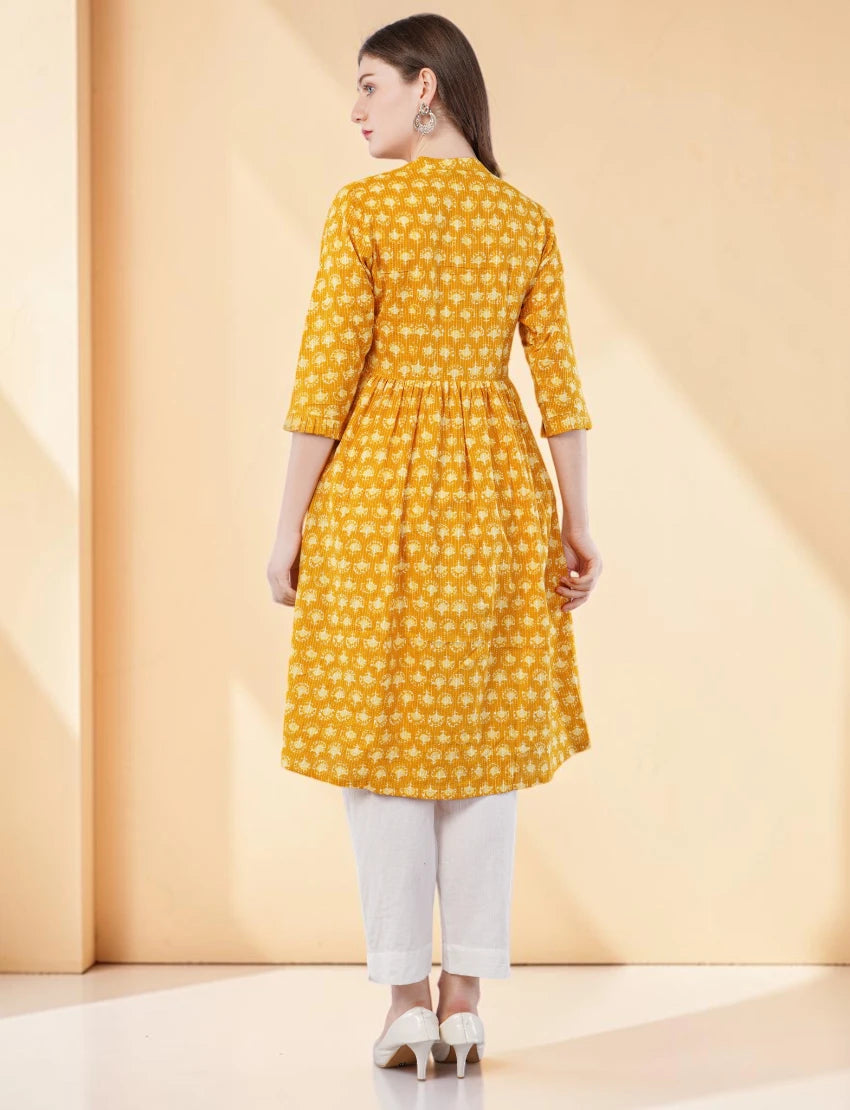 Anarkali Printed Yellow Cotton Kurta / kurti for Women, Knee Length