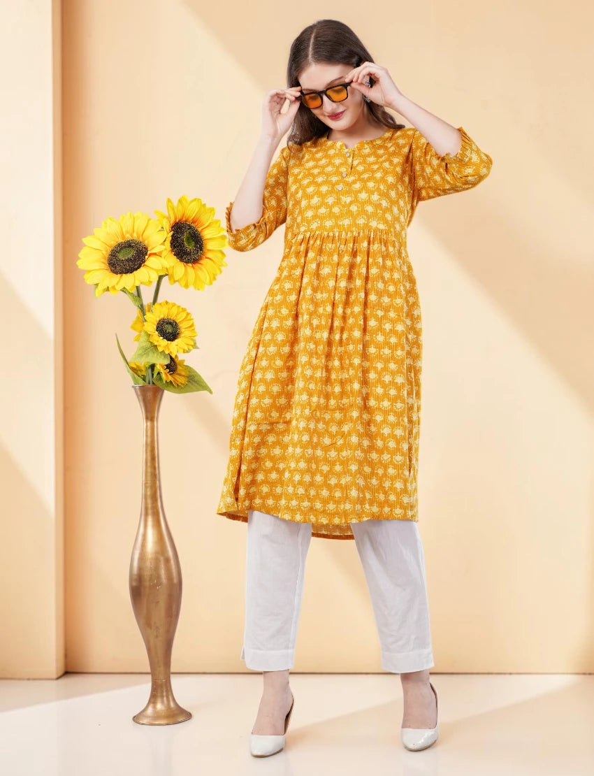 Anarkali Printed Yellow Cotton Kurta / kurti for Women, Knee Length