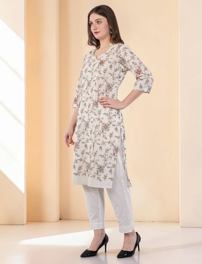 Cotton Embroidered Kurta for Women, Floral Design