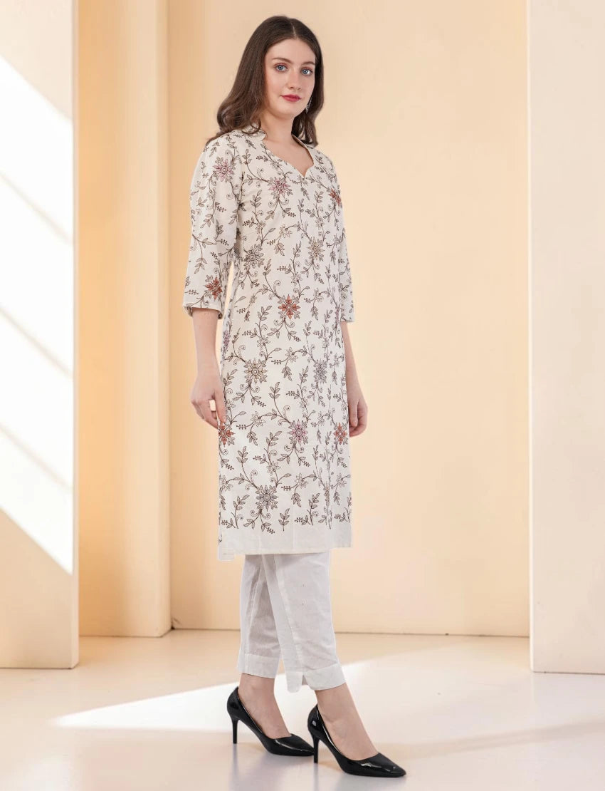 Cotton Embroidered Kurta for Women, Floral Design