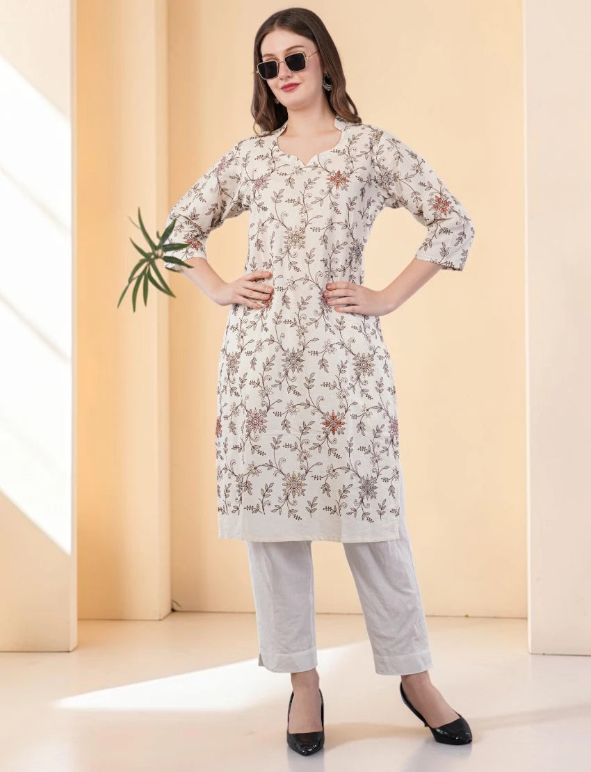 Cotton Embroidered Kurta for Women, Floral Design