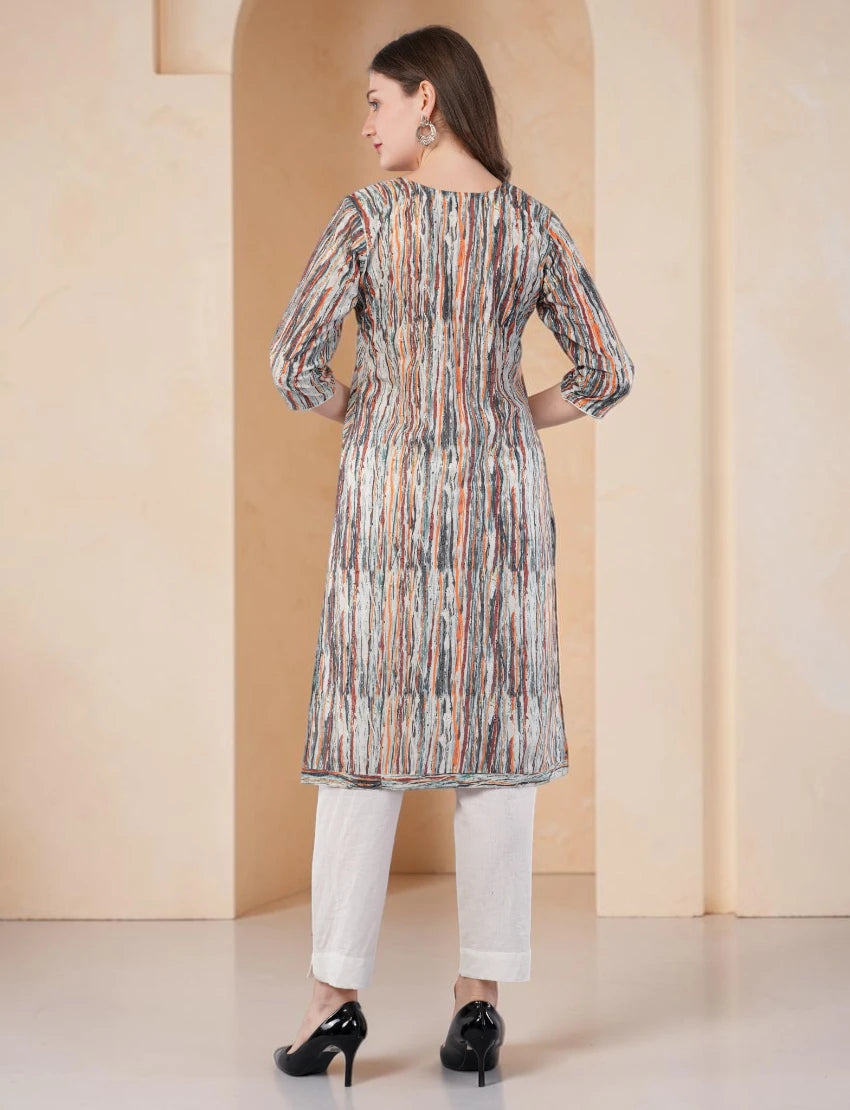 Women's Printed and Embroidered Chikankari Kurta, 3/4 Sleeves, Knee Length
