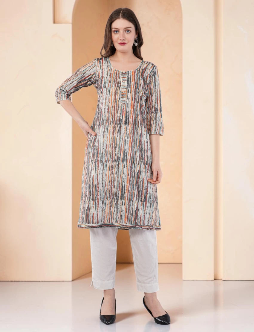 Women's Printed and Embroidered Chikankari Kurta, 3/4 Sleeves, Knee Length