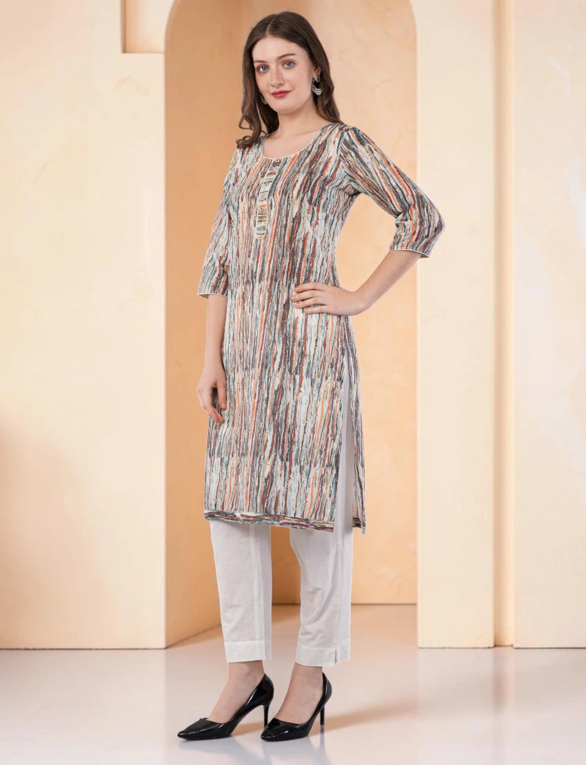 Women's Printed and Embroidered Chikankari Kurta, 3/4 Sleeves, Knee Length