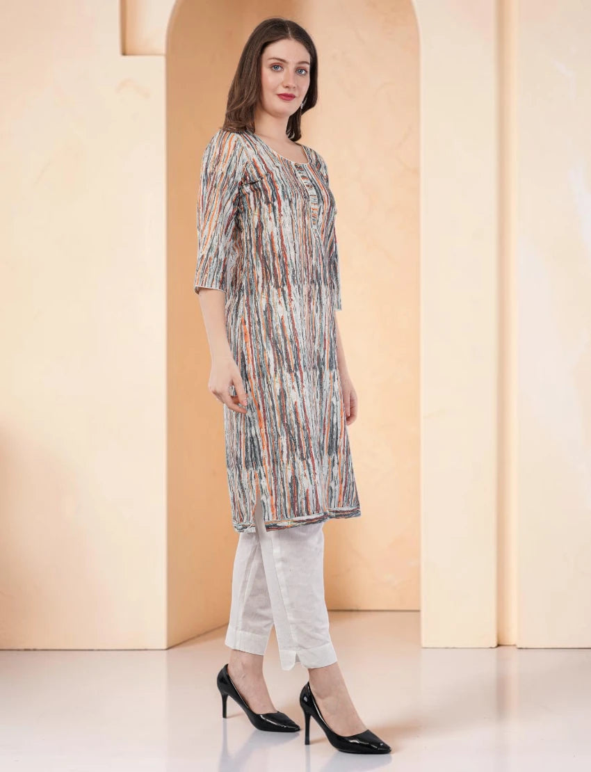 Women's Printed and Embroidered Chikankari Kurta, 3/4 Sleeves, Knee Length