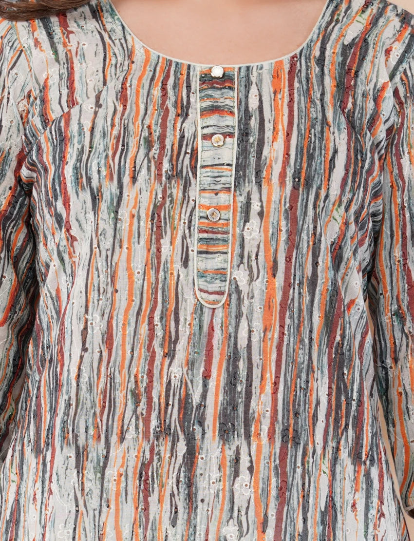 Women's Printed and Embroidered Chikankari Kurta, 3/4 Sleeves, Knee Length