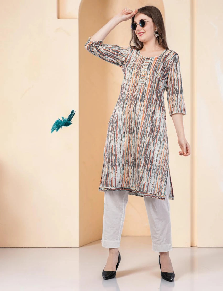 Women's Printed and Embroidered Chikankari Kurta, 3/4 Sleeves, Knee Length