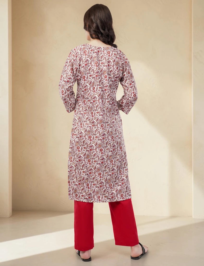 Crepe Floral Print Kurta, 3/4 Sleeves, White and Red Paisley Pattern