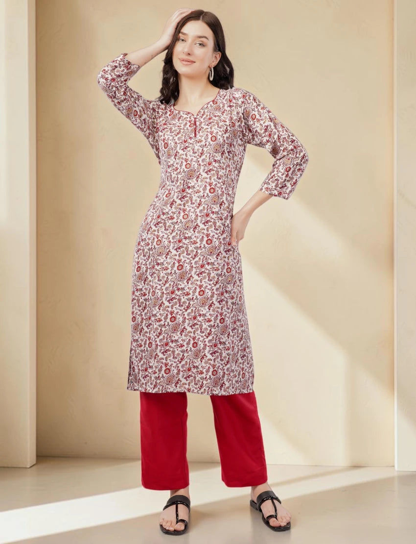 Crepe Floral Print Kurta, 3/4 Sleeves, White and Red Paisley Pattern