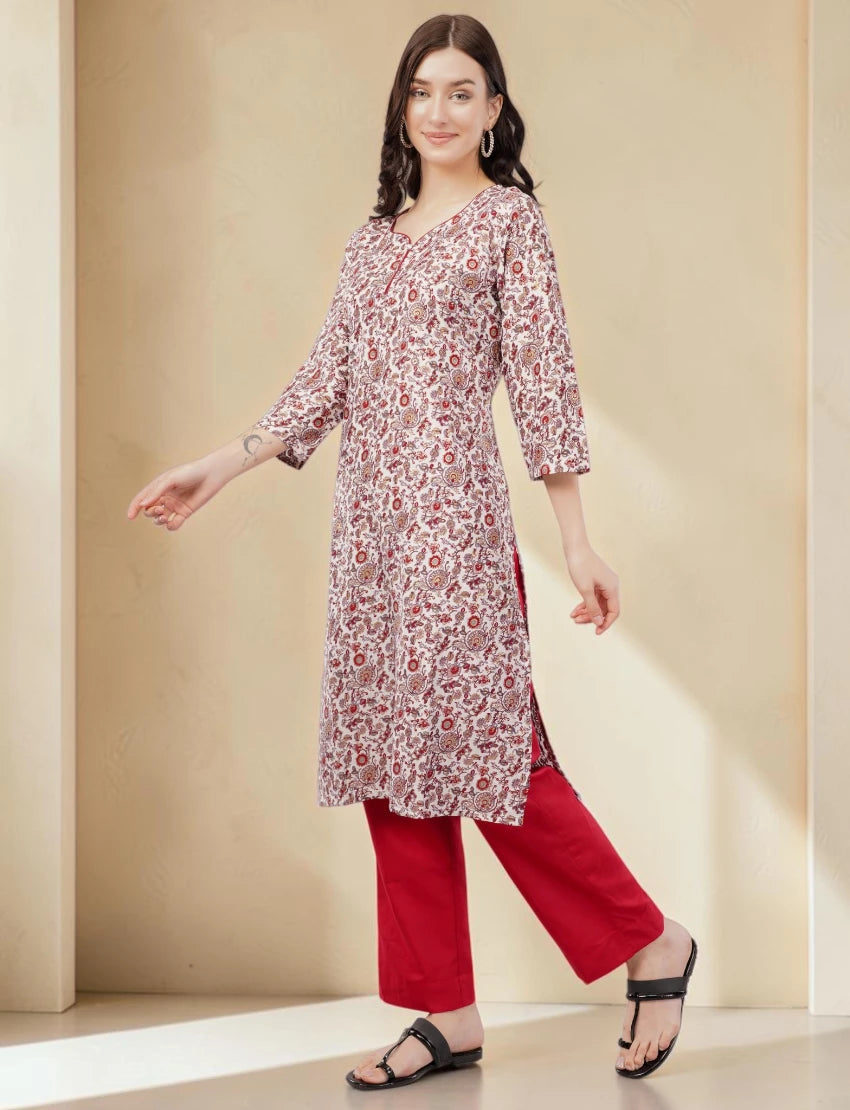 Crepe Floral Print Kurta, 3/4 Sleeves, White and Red Paisley Pattern
