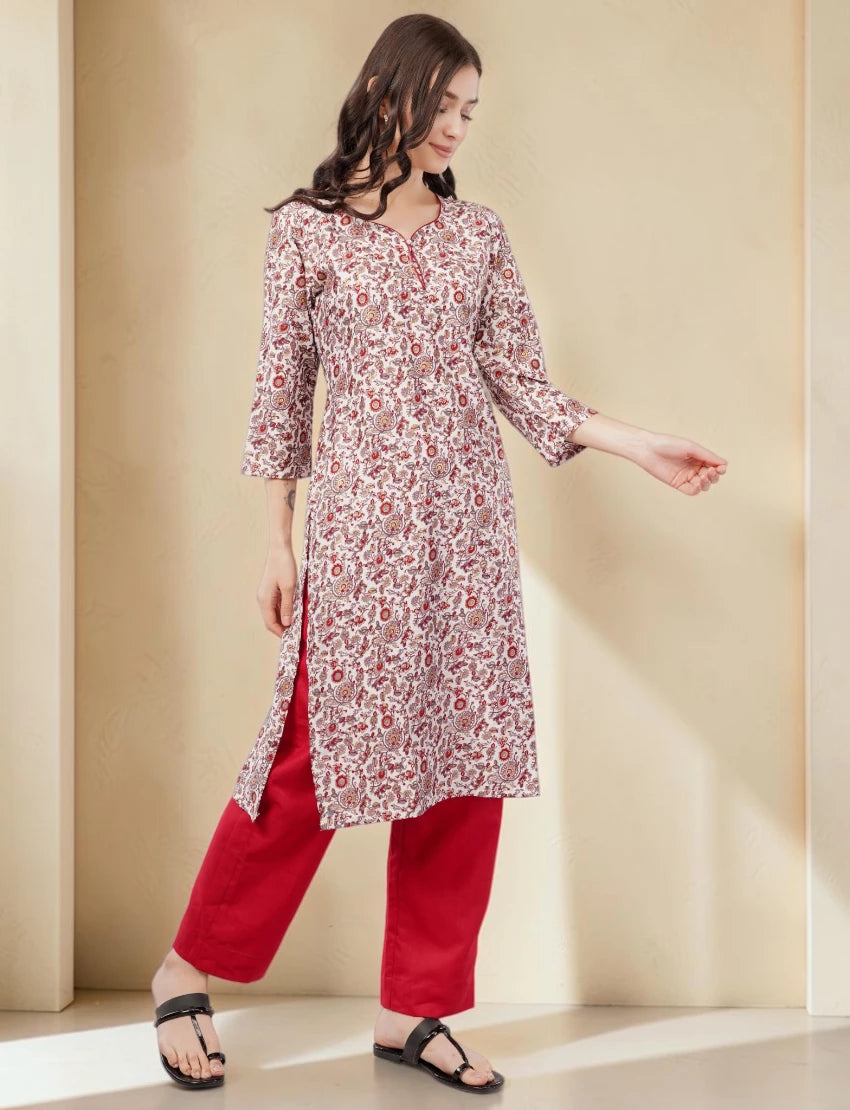 Crepe Floral Print Kurta, 3/4 Sleeves, White and Red Paisley Pattern