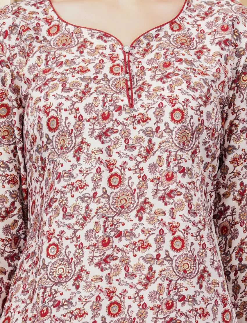 Crepe Floral Print Kurta, 3/4 Sleeves, White and Red Paisley Pattern