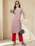 Crepe Floral Print Kurta, 3/4 Sleeves, White and Red Paisley Pattern