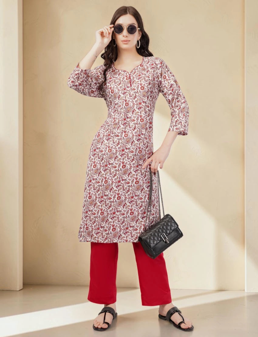 Crepe Floral Print Kurta, 3/4 Sleeves, White and Red Paisley Pattern