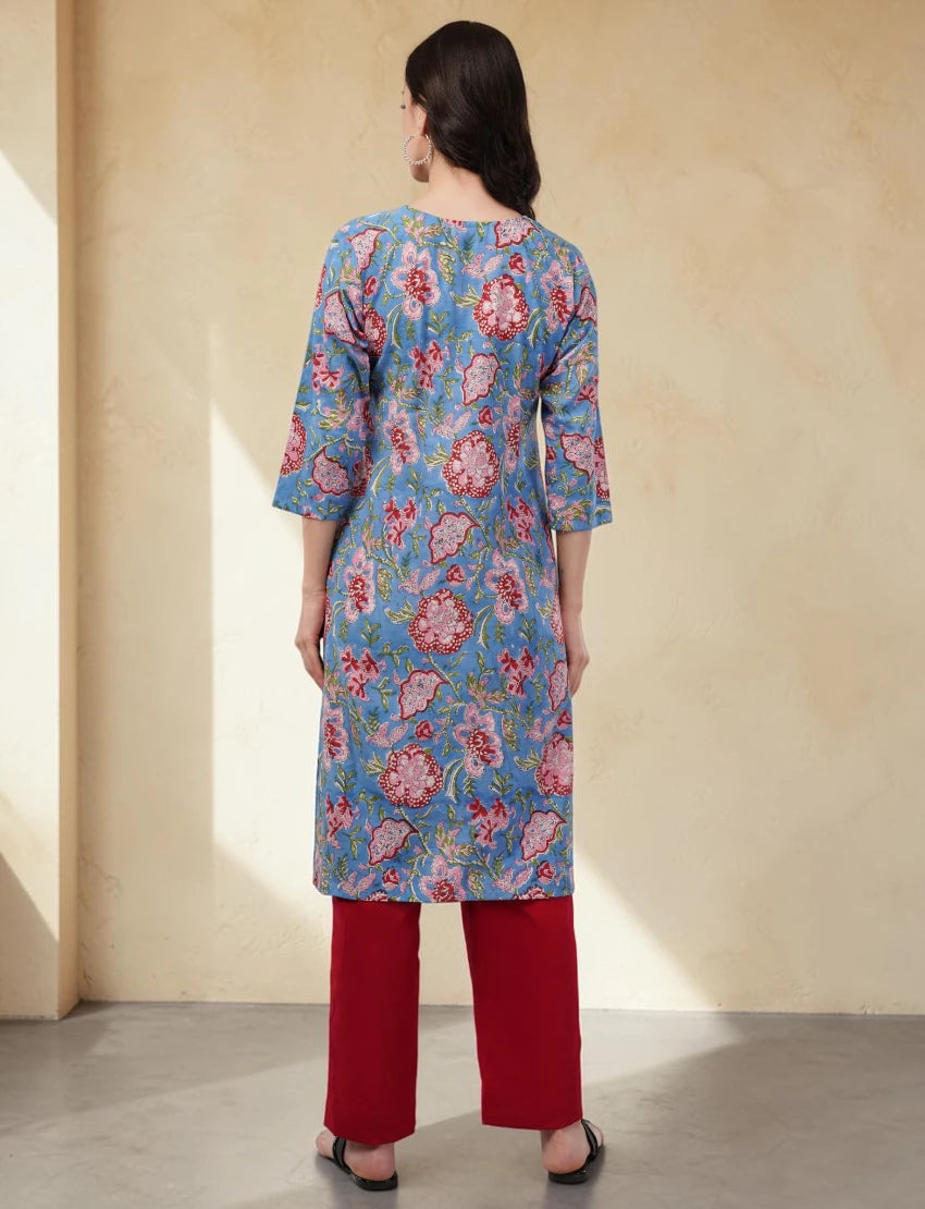 Cotton Floral Kurta, 3/4 Sleeve, Blue with Pink Flowers