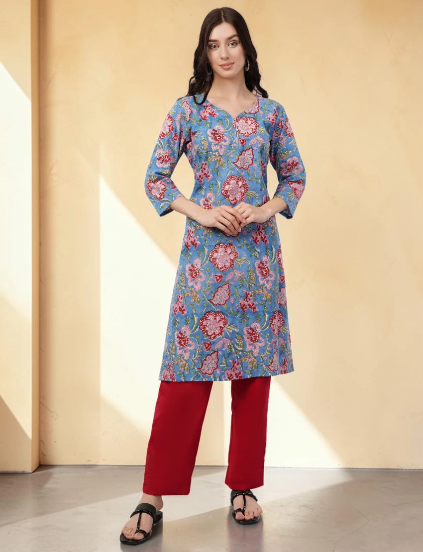 Cotton Floral Kurta, 3/4 Sleeve, Blue with Pink Flowers