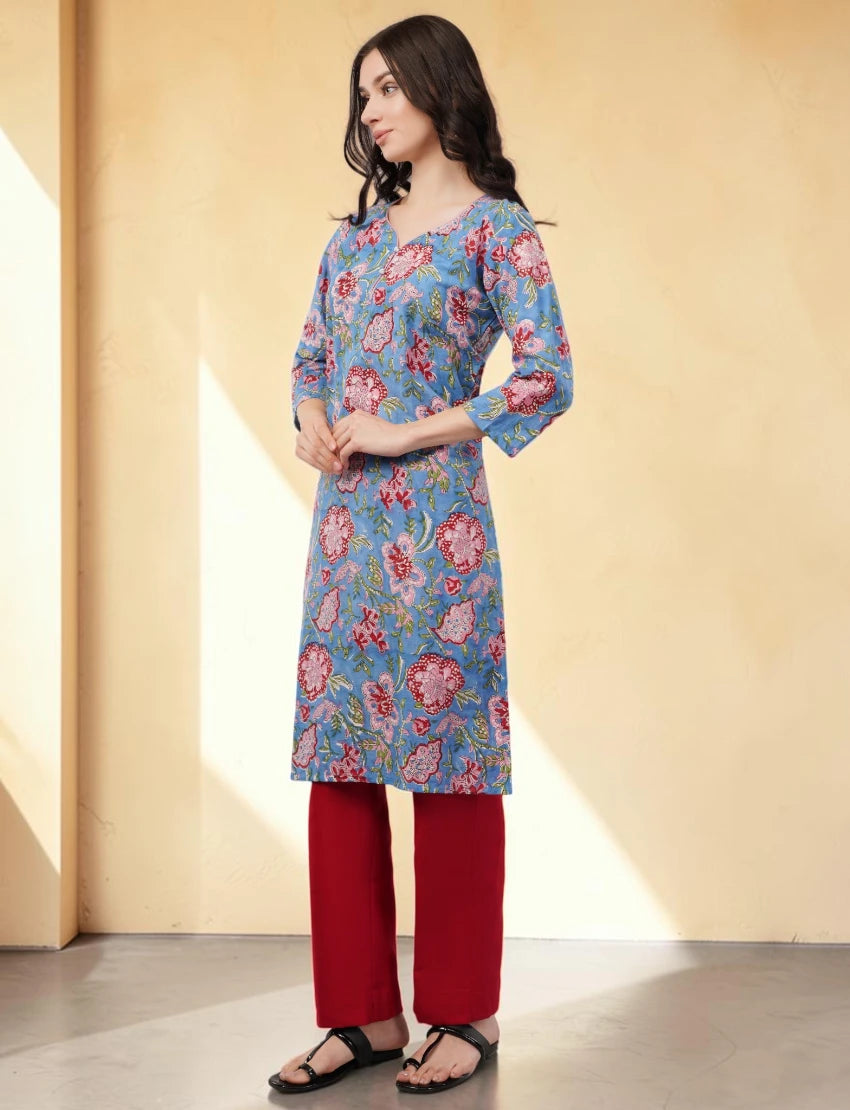 Cotton Floral Kurta, 3/4 Sleeve, Blue with Pink Flowers